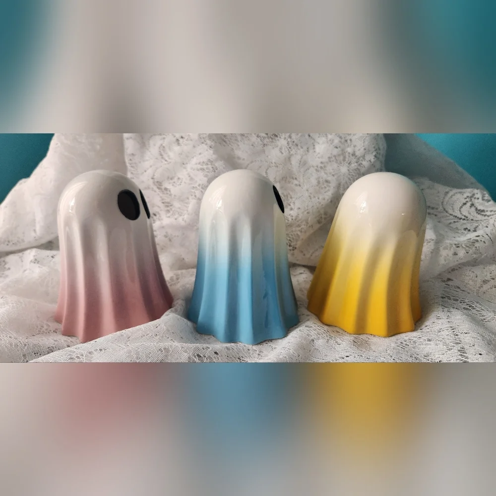 NWT Set of 3 Adorable Ceramic Ghost Spooky Figurines In Pink, Blue, and Yellow